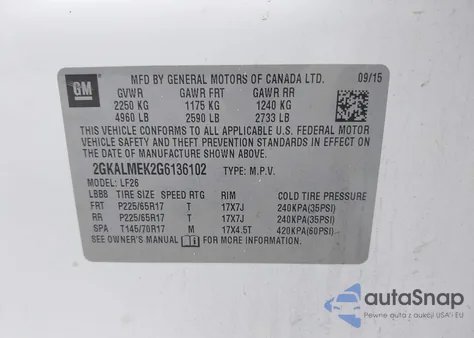 2016 GMC Terrain Sle z USA, uszkodzony, nr VIN 2GKALMEK2G6136102